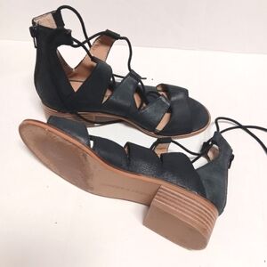 LUCKY BRAND leather ghillie tie Tazu black stacked heel sandals, 8.5